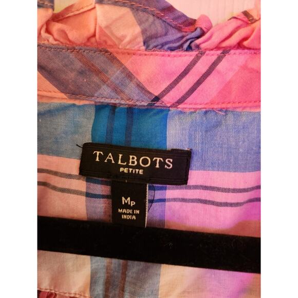 Talbots Cotton Popover Ruffle Blouse Pink Top Plaid Long Sleeve Size MP - Picture 4 of 7
